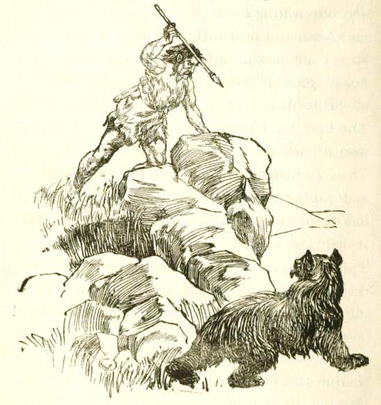 Illustration of a caveman hunting a brown bear
